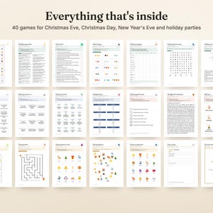 May include: A collection of 40 printable holiday game sheets arranged in a grid. The header reads Everything that's inside 40 games for Christmas Eve, Christmas Day, New Year's Eve and holiday parties. Each page features black text and icons.