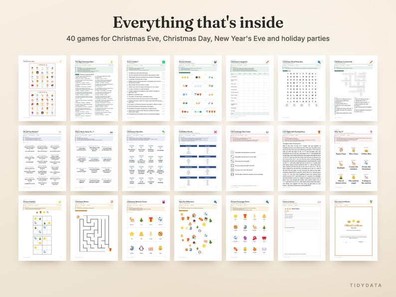 May include: A collection of 40 printable holiday game sheets arranged in a grid. The header reads Everything that's inside 40 games for Christmas Eve, Christmas Day, New Year's Eve and holiday parties. Each page features black text and icons.