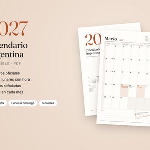 May include: A 2027 printable PDF calendar for Argentina featuring a clean layout with monthly grids, lunar phases, and official holidays. The design includes text in Spanish, a beige background, and a clear view of the month of March.