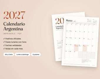 Peut inclure: Un calendrier 2027 imprimable en PDF pour l'Argentine avec une mise en page claire, des grilles mensuelles, les phases lunaires et les jours fériés. Le design inclut du texte en espagnol, un fond beige et le mois de mars visible.
