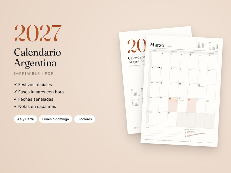 May include: A 2027 printable PDF calendar for Argentina featuring a clean layout with monthly grids, lunar phases, and official holidays. The design includes text in Spanish, a beige background, and a clear view of the month of March.