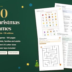 May include: A collection of 40 printable Christmas games on 108 pages, including bingo cards, mazes, and quizzes. The text reads 40 Christmas Games, printable UK edition, 40 games, 108 pages, for kids, families and adults, A4 and US Letter sizes.
