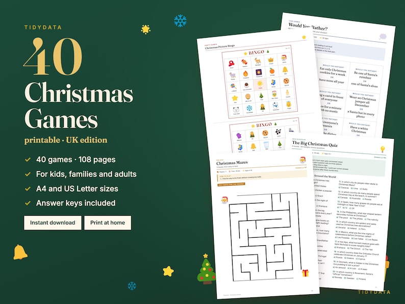 May include: A collection of 40 printable Christmas games on 108 pages, including bingo cards, mazes, and quizzes. The text reads 40 Christmas Games, printable UK edition, 40 games, 108 pages, for kids, families and adults, A4 and US Letter sizes.