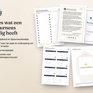 May include: A set of printed detective-themed activity sheets including a checklist titled Wat we ontdekt hebben, a letter from Burgemeester Hammet, a Meesterspeurneuzen certificate, a page of detective badges, and an envelope template.
