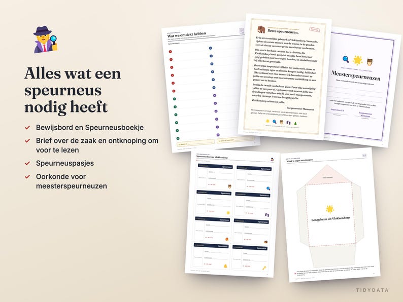 May include: A set of printed detective-themed activity sheets including a checklist titled Wat we ontdekt hebben, a letter from Burgemeester Hammet, a Meesterspeurneuzen certificate, a page of detective badges, and an envelope template.