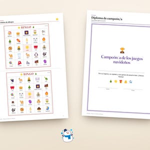 May include: Two printed sheets featuring Christmas bingo cards with colorful icons and a "Diploma de campe&oacute;n/a" certificate with a trophy icon, "Campe&oacute;n/a de los juegos navide&ntilde;os" text, and lines for signatures, all on a light background.