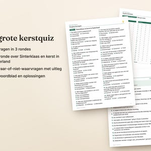 May include: A printed quiz titled De grote kerstquiz featuring 60 questions in 3 rounds, including a section on Sinterklaas and Christmas in the Netherlands, 40 true-or-false questions with explanations, and an answer sheet with solutions.