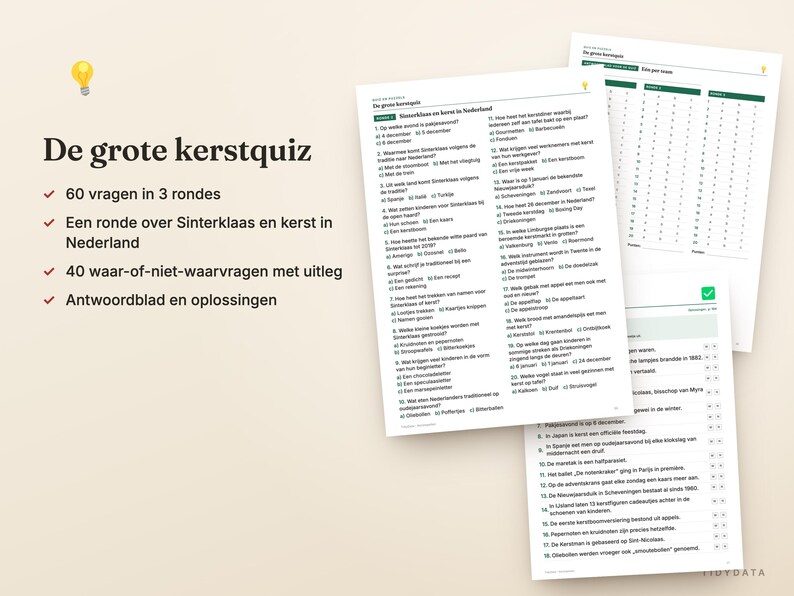 May include: A printed quiz titled De grote kerstquiz featuring 60 questions in 3 rounds, including a section on Sinterklaas and Christmas in the Netherlands, 40 true-or-false questions with explanations, and an answer sheet with solutions.