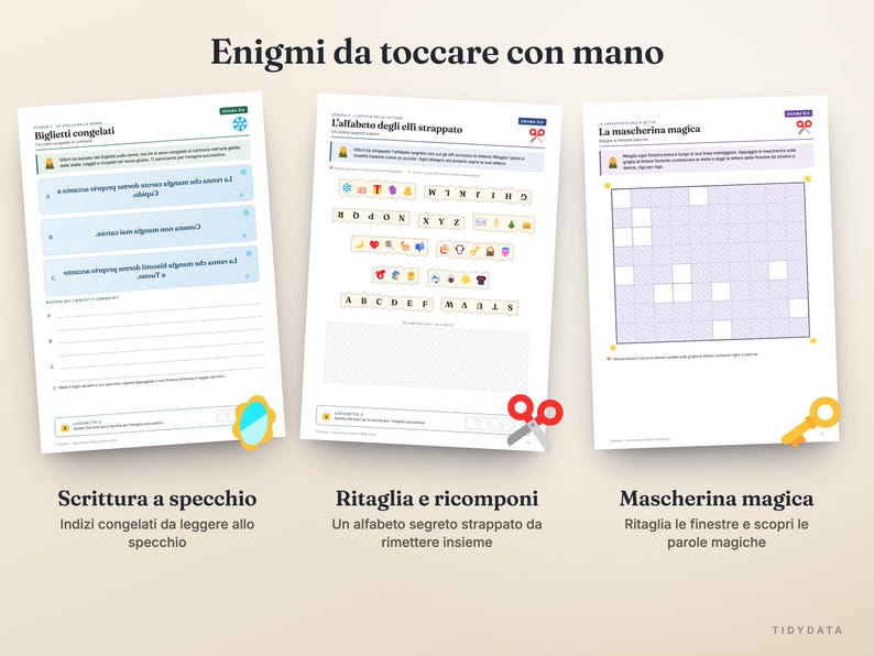 May include: Three educational activity sheets titled Enigmi da toccare con mano. The pages feature tasks including mirror writing, cutting and reassembling a torn alphabet with icons, and a magic mask grid puzzle with cut-out windows.