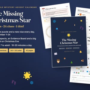 Mysterieuze adventskalender om te printen voor kinderen en het hele gezin · 24 dagen vol detectivepuzzels en aanwijzingen · Kerstcountdownspel (PDF) afbeelding 1