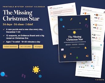 May include: A printable mystery advent calendar titled The Missing Christmas Star, featuring 24 days of clues, 12 suspects, and an evidence board. The set includes 42 pages of puzzles, detective activities, and game sheets in A4 and US Letter sizes.