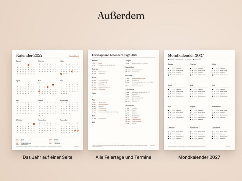 K&ouml;nnte beinhalten: Drei wei&szlig;e Bl&auml;tter mit dem Kalender 2027, Feiertagen und Mondphasen. Das erste Blatt zeigt das gesamte Jahr, das zweite listet Feiertage und besondere Termine auf und das dritte zeigt den Mondkalender. Der Text Au&szlig;erdem steht zentriert dar&uuml;ber.
