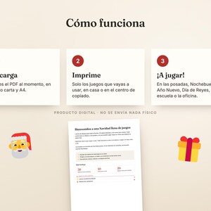 Puede incluir: Un gr&aacute;fico instructivo titulado C&oacute;mo funciona con tres pasos numerados: 1. Descarga, 2. Imprime, 3. &iexcl;A jugar!. Debajo, se muestra un documento titulado Bienvenidos a una Navidad llena de juegos junto a un icono de Santa Claus y un regalo.