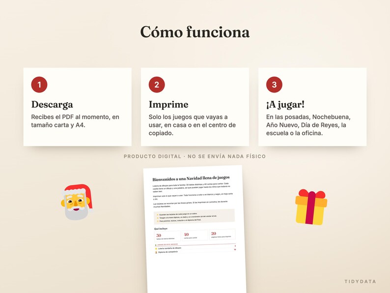 Puede incluir: Un gr&aacute;fico instructivo titulado C&oacute;mo funciona con tres pasos numerados: 1. Descarga, 2. Imprime, 3. &iexcl;A jugar!. Debajo, se muestra un documento titulado Bienvenidos a una Navidad llena de juegos junto a un icono de Santa Claus y un regalo.