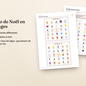 Peut inclure: Un jeu de bingo de No&euml;l intitul&eacute; Loto de No&euml;l en images comprenant deux planches de jeu avec des ic&ocirc;nes festives color&eacute;es, une feuille de jetons &agrave; tirer, 30 cartes diff&eacute;rentes et 40 jetons, le tout sur un fond clair.