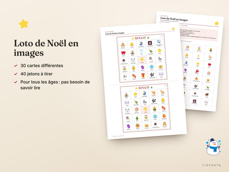 Peut inclure: Un jeu de bingo de No&euml;l intitul&eacute; Loto de No&euml;l en images comprenant deux planches de jeu avec des ic&ocirc;nes festives color&eacute;es, une feuille de jetons &agrave; tirer, 30 cartes diff&eacute;rentes et 40 jetons, le tout sur un fond clair.