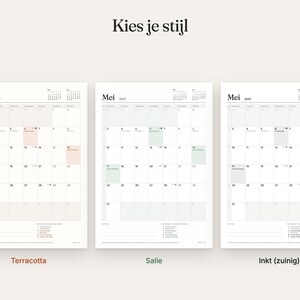 May include: Three monthly calendar pages for May 2027, each featuring a grid layout with dates, small monthly overviews, and a list section. The designs are labeled as Terracotta, Salie, and Inkt (zuinig) with distinct color accents.