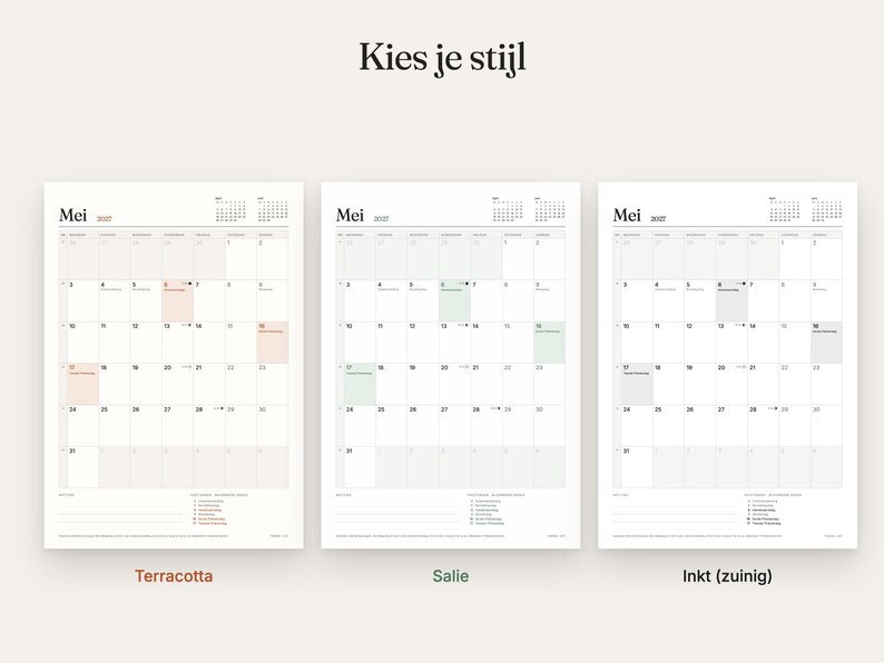 May include: Three monthly calendar pages for May 2027, each featuring a grid layout with dates, small monthly overviews, and a list section. The designs are labeled as Terracotta, Salie, and Inkt (zuinig) with distinct color accents.