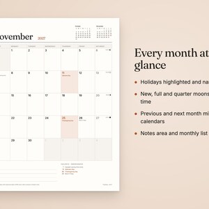 Op de afbeelding: Een wandkalenderpagina voor november 2027 met een rasterindeling, inclusief minikalenders voor oktober en december, maanfase-iconen en gemarkeerde feestdagen. Rechts staat de tekst: Every month at a glance, Holidays highlighted and named, New, full and quarter moons in local time, Previous and next month mini calendars, Notes area and monthly list.