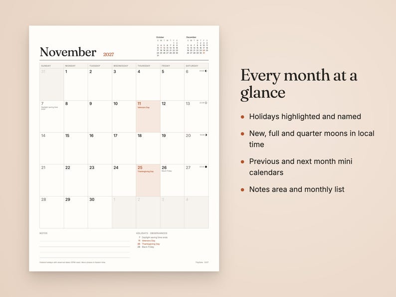 Op de afbeelding: Een wandkalenderpagina voor november 2027 met een rasterindeling, inclusief minikalenders voor oktober en december, maanfase-iconen en gemarkeerde feestdagen. Rechts staat de tekst: Every month at a glance, Holidays highlighted and named, New, full and quarter moons in local time, Previous and next month mini calendars, Notes area and monthly list.