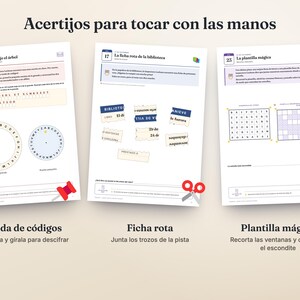 Op de afbeelding: Drie activiteitenbladen getiteld Acertijos para tocar con las manos met puzzels. De eerste toont een codewiel, de tweede toont gescheurde bibliotheekkaartstukjes en de derde bevat een rasterpuzzel met een magisch sjabloon voor ontcijfering.
