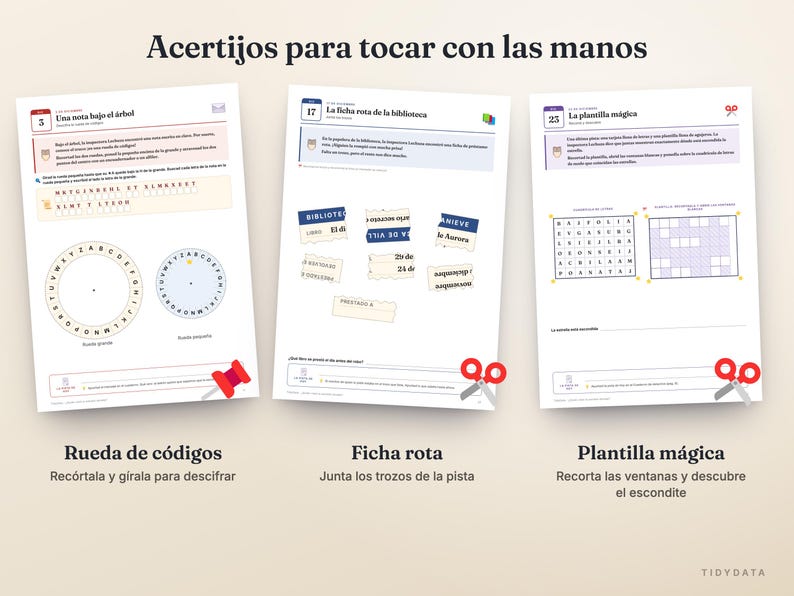 Op de afbeelding: Drie activiteitenbladen getiteld Acertijos para tocar con las manos met puzzels. De eerste toont een codewiel, de tweede toont gescheurde bibliotheekkaartstukjes en de derde bevat een rasterpuzzel met een magisch sjabloon voor ontcijfering.