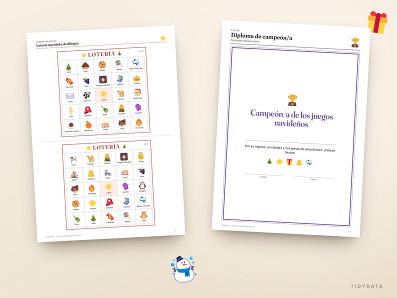 Puede incluir: Dos hojas impresas con tableros de juego de Loter&iacute;a navide&ntilde;a con iconos coloridos y un certificado de Diploma de campe&oacute;n/a. Los tableros muestran cuadr&iacute;culas de s&iacute;mbolos festivos y el diploma incluye un icono de trofeo y texto.