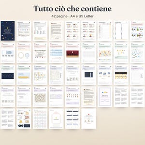 May include: A collection of 42 printable activity pages in A4 and US Letter sizes, featuring various games, puzzles, and informational text. The document set includes grids, mazes, lists, and illustrations with the title Tutto ci&ograve; che contiene.