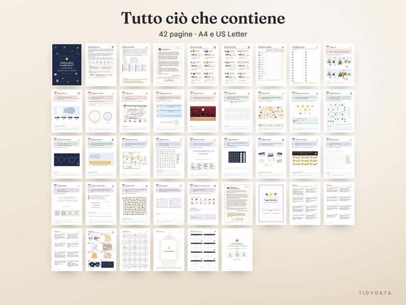 May include: A collection of 42 printable activity pages in A4 and US Letter sizes, featuring various games, puzzles, and informational text. The document set includes grids, mazes, lists, and illustrations with the title Tutto ci&ograve; che contiene.