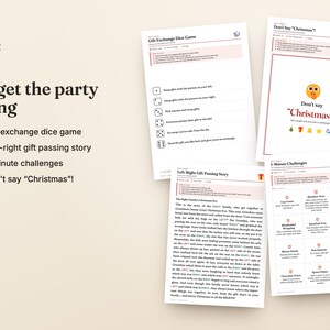 May include: A collection of four printed game sheets for holiday parties. The documents include a Gift Exchange Dice Game, a Don't Say Christmas game, a Left-Right Gift Passing Story, and a grid of 1-minute challenges with text instructions.