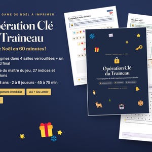 May include: A printable Christmas escape game kit titled Op&eacute;ration Cl&eacute; du Tra&icirc;neau. The set includes a dark blue cover page with icons of a key, gift, and snowflake, plus multiple activity sheets featuring puzzles, word searches, and game instructions.