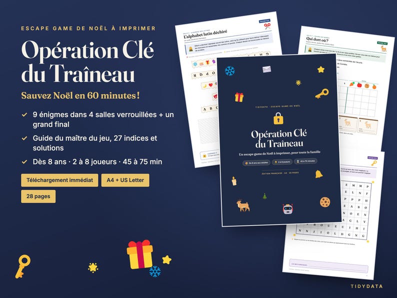 May include: A printable Christmas escape game kit titled Op&eacute;ration Cl&eacute; du Tra&icirc;neau. The set includes a dark blue cover page with icons of a key, gift, and snowflake, plus multiple activity sheets featuring puzzles, word searches, and game instructions.