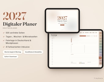 Könnte beinhalten: Ein digitaler Planer für 2027 auf zwei Tablet-Bildschirmen. Der Text lautet 2027 Digitaler Planer Deutschland, 505 verlinkte Seiten, Tages-, Wochen- & Monatsseiten, Feiertage in Deutschland & Mondphasen, 4 Farbvarianten inklusive, Woche beginnt Montag, GoodNotes & Notability, Sofort-Download.