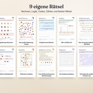May include: A collection of ten printable activity sheets titled 9 eigene R&auml;tsel, featuring math, logic, code-breaking, counting, and craft puzzles with colorful icons, grids, and text instructions in German for various brain-teasing challenges.