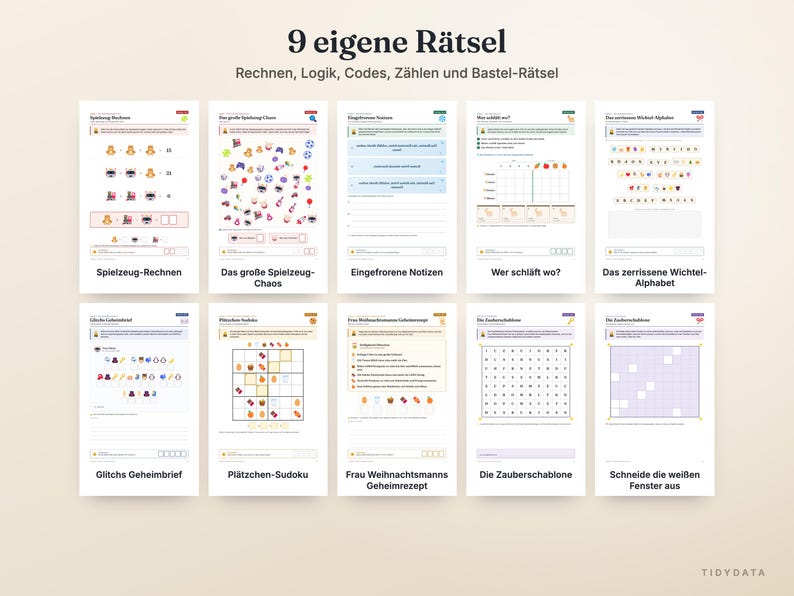 May include: A collection of ten printable activity sheets titled 9 eigene R&auml;tsel, featuring math, logic, code-breaking, counting, and craft puzzles with colorful icons, grids, and text instructions in German for various brain-teasing challenges.