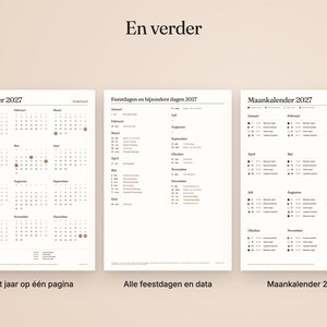 May include: Three white pages featuring a 2027 calendar. The first page shows a yearly overview, the second lists holidays and special dates, and the third displays a monthly lunar calendar. Text includes "En verder", "Kalender 2027", "Feestdagen en bijzondere dagen 2027", and "Maankalender 2027".