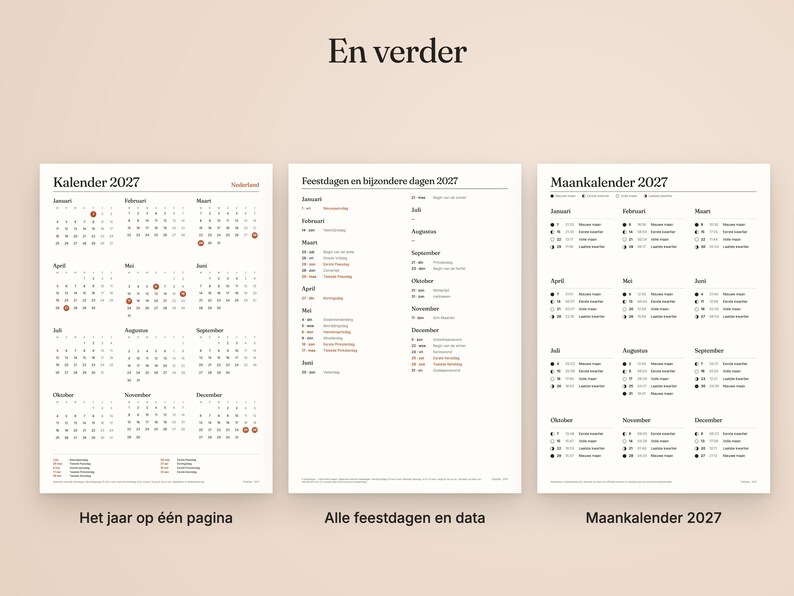 May include: Three white pages featuring a 2027 calendar. The first page shows a yearly overview, the second lists holidays and special dates, and the third displays a monthly lunar calendar. Text includes "En verder", "Kalender 2027", "Feestdagen en bijzondere dagen 2027", and "Maankalender 2027".