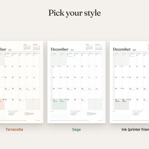 Puede incluir: Tres p&aacute;ginas de calendario imprimibles para diciembre de 2027 con el texto Pick your style en la parte superior. Los calendarios presentan esquemas de color terracota, salvia y tinta negra, cada uno con cuadr&iacute;cula, minicalendarios y notas.
