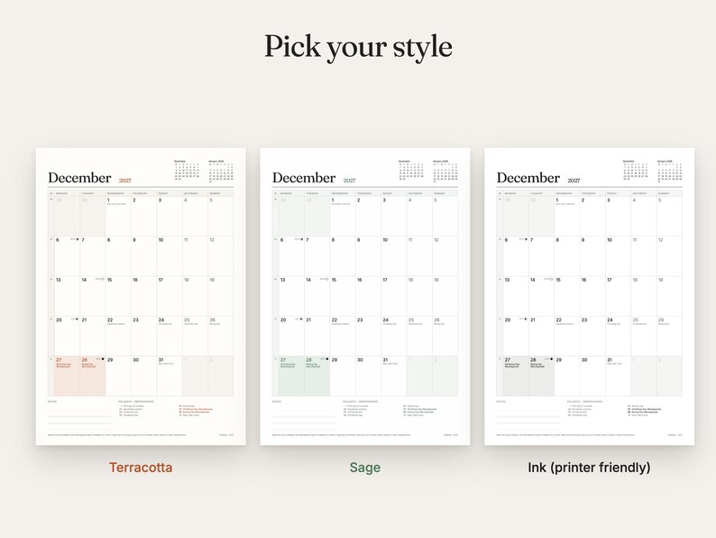 Puede incluir: Tres p&aacute;ginas de calendario imprimibles para diciembre de 2027 con el texto Pick your style en la parte superior. Los calendarios presentan esquemas de color terracota, salvia y tinta negra, cada uno con cuadr&iacute;cula, minicalendarios y notas.