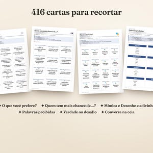 May include: Four printable sheets titled 416 cartas para recortar featuring Portuguese text for Christmas games. Each sheet contains a grid of cards with prompts for activities like O que voc&ecirc; prefere, Quem tem mais chance de, M&iacute;mica, and Palavras proibidas.
