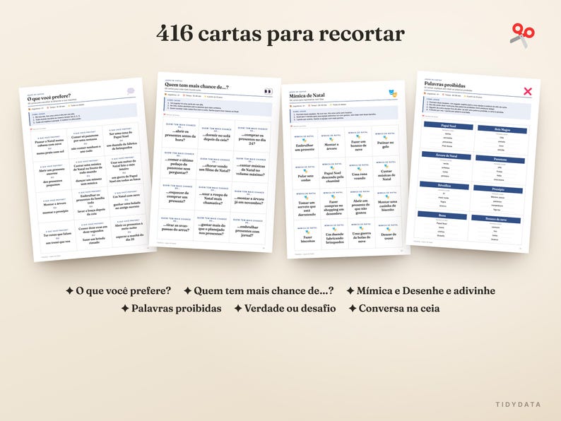 May include: Four printable sheets titled 416 cartas para recortar featuring Portuguese text for Christmas games. Each sheet contains a grid of cards with prompts for activities like O que voc&ecirc; prefere, Quem tem mais chance de, M&iacute;mica, and Palavras proibidas.