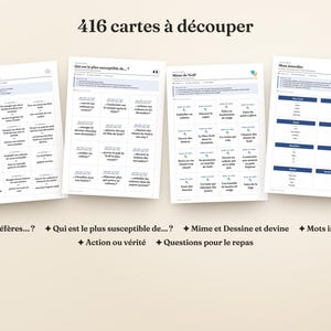 Peut inclure: Un ensemble de 416 cartes &agrave; d&eacute;couper pr&eacute;sentant diverses cat&eacute;gories de jeux en fran&ccedil;ais, dont Tu pr&eacute;f&egrave;res, Qui est le plus susceptible de, Mime et Dessine et devine, Mots interdits, Action ou v&eacute;rit&eacute; et Questions pour le repas sur quatre feuilles.