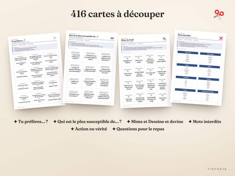 Peut inclure: Un ensemble de 416 cartes &agrave; d&eacute;couper pr&eacute;sentant diverses cat&eacute;gories de jeux en fran&ccedil;ais, dont Tu pr&eacute;f&egrave;res, Qui est le plus susceptible de, Mime et Dessine et devine, Mots interdits, Action ou v&eacute;rit&eacute; et Questions pour le repas sur quatre feuilles.