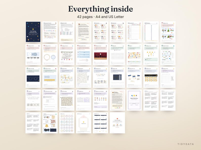 May include: A collection of 42 printable pages in A4 and US Letter sizes titled Everything inside. The document features various activity sheets, including mazes, word searches, checklists, and instructional guides with colorful illustrations.