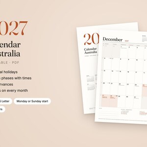 Könnte beinhalten: Ein druckbarer Kalender für 2027 für Australien mit einem klaren Layout, das offizielle Feiertage, Mondphasen und Gedenktage enthält. Das Dokument bietet Notizen für jeden Monat und ist in den Formaten A4 und US Letter erhältlich.