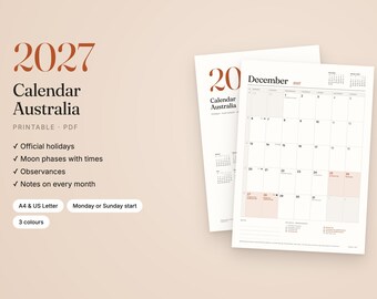 May include: A 2027 printable calendar for Australia featuring a clean layout with official holidays, moon phases, and observances. The document includes notes for every month, available in A4 and US Letter sizes with a Monday or Sunday start.
