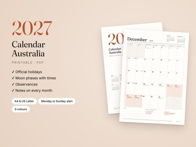 May include: A 2027 printable calendar for Australia featuring a clean layout with official holidays, moon phases, and observances. The document includes notes for every month, available in A4 and US Letter sizes with a Monday or Sunday start.