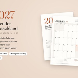 K&ouml;nnte beinhalten: Ein druckbarer Kalender f&uuml;r 2027 f&uuml;r Deutschland mit dem Text 2027 Kalender Deutschland. Das Dokument enth&auml;lt ein Monatsraster f&uuml;r Dezember mit Daten, Mondphasen und Platz f&uuml;r Notizen, dargestellt in einem klaren Layout auf wei&szlig;em Papier.