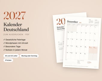 May include: A 2027 printable calendar for Germany featuring the text 2027 Kalender Deutschland. The document includes a monthly grid for December with dates, moon phases, and space for notes, presented in a clean layout on white paper.