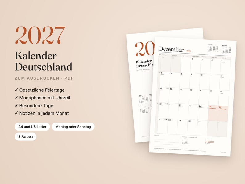 K&ouml;nnte beinhalten: Ein druckbarer Kalender f&uuml;r 2027 f&uuml;r Deutschland mit dem Text 2027 Kalender Deutschland. Das Dokument enth&auml;lt ein Monatsraster f&uuml;r Dezember mit Daten, Mondphasen und Platz f&uuml;r Notizen, dargestellt in einem klaren Layout auf wei&szlig;em Papier.